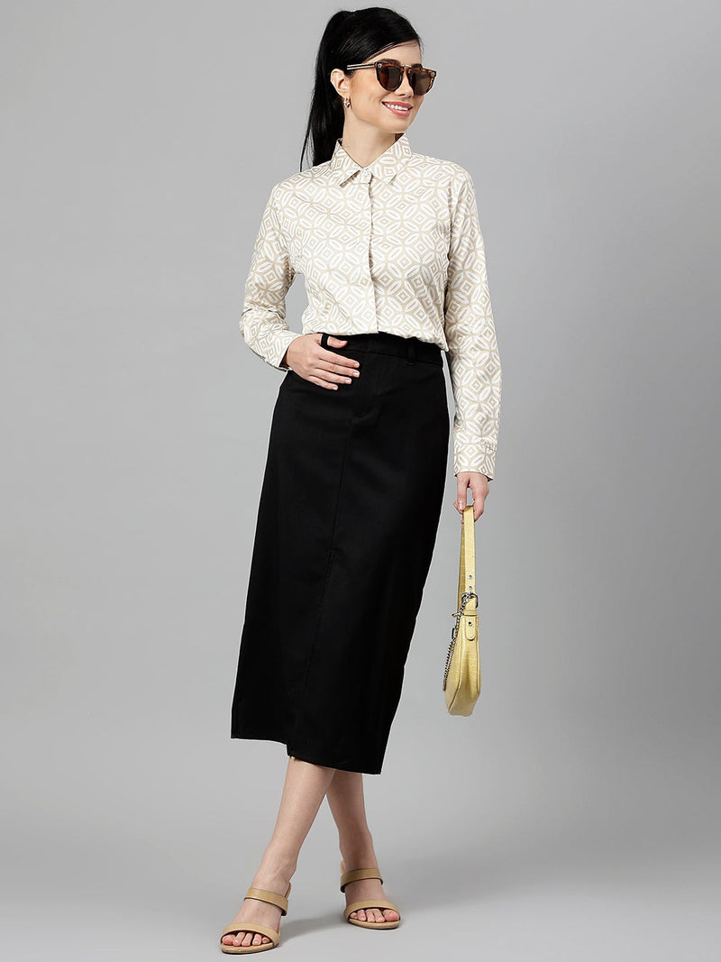 Beige & White Geometric Print Formal Shirt