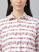 Chic White & Rose Striped Floral Print Button-Up Shirt