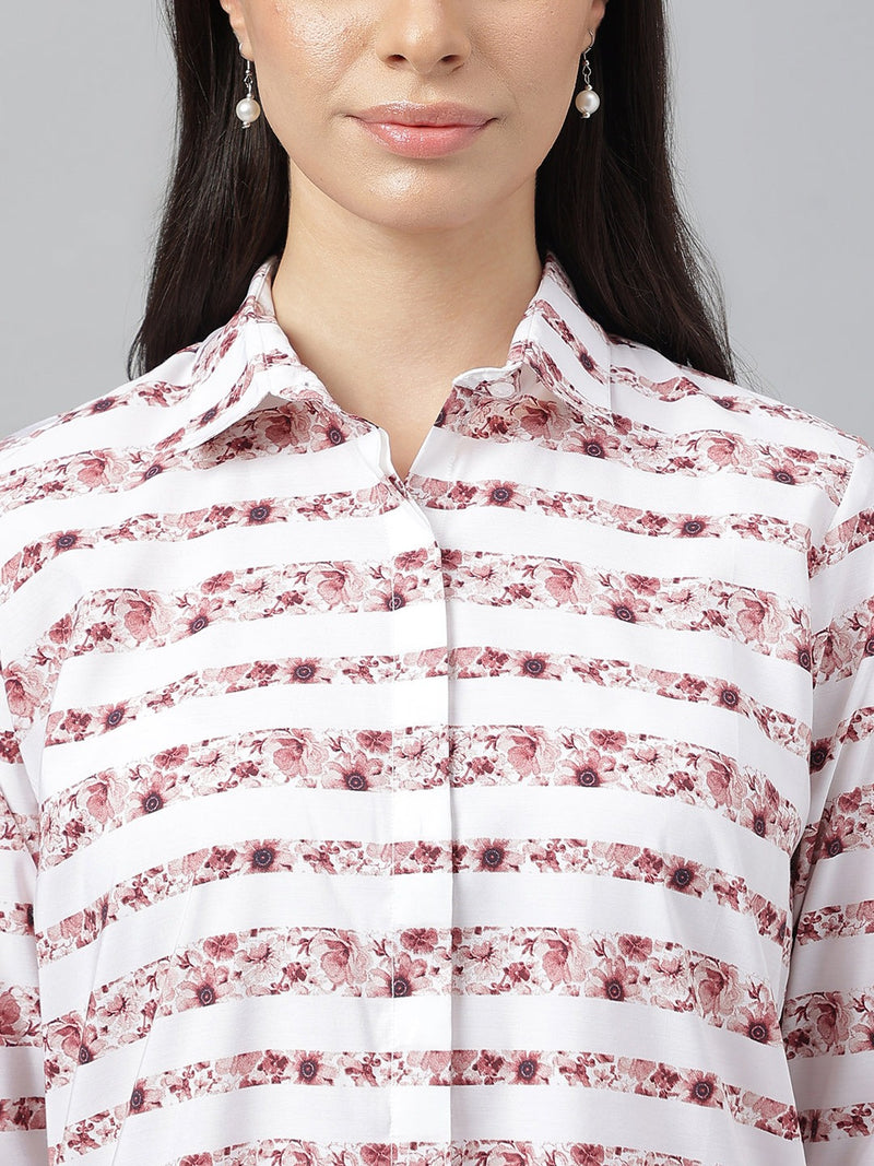 Chic White & Rose Striped Floral Print Button-Up Shirt