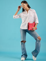 White Heart-Print Button-Down Shirt