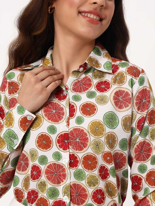 White Citrus Fruit Print Casual Shirt