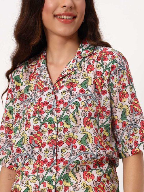 White Shirt with Vibrant Floral Print & Half Sleeves