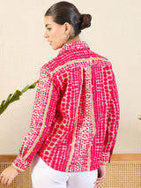 Vibrant Pink & Beige Tie-Dye Inspired Printed Button-Up Shirt