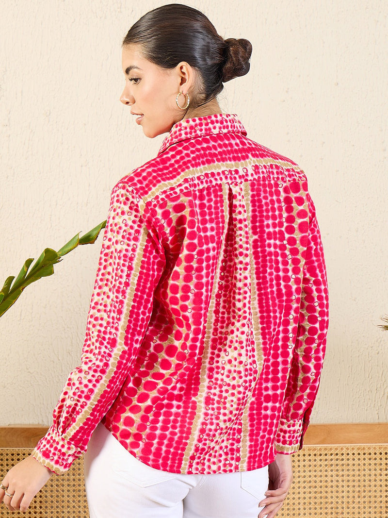 Vibrant Pink & Beige Tie-Dye Inspired Printed Button-Up Shirt