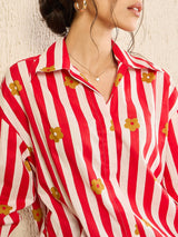 Red Striped Floral Button-Down Shirt