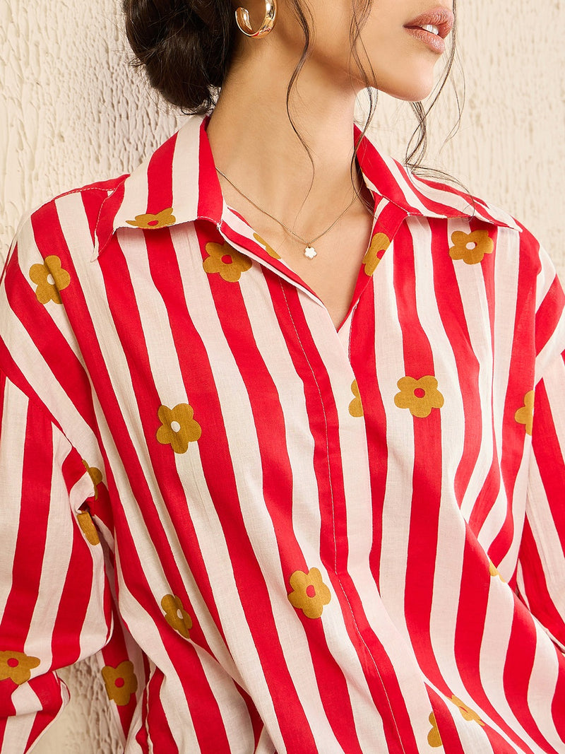 Red Striped Floral Button-Down Shirt