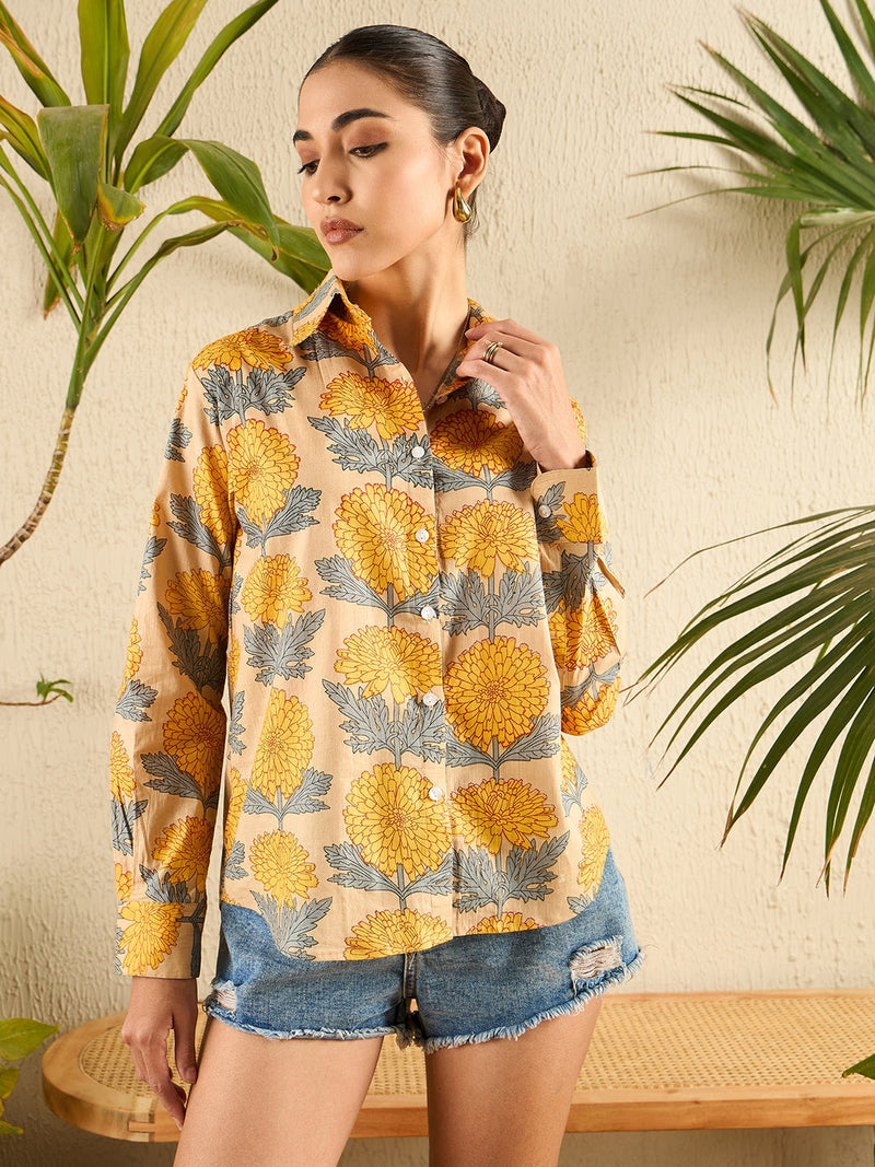Floral Handblock Print Cotton Shirt