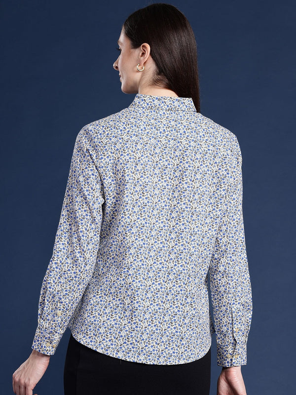 White & Blue Micro Floral Print Shirt