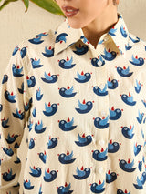 Beige & Blue Bird Print Button-Down Shirt