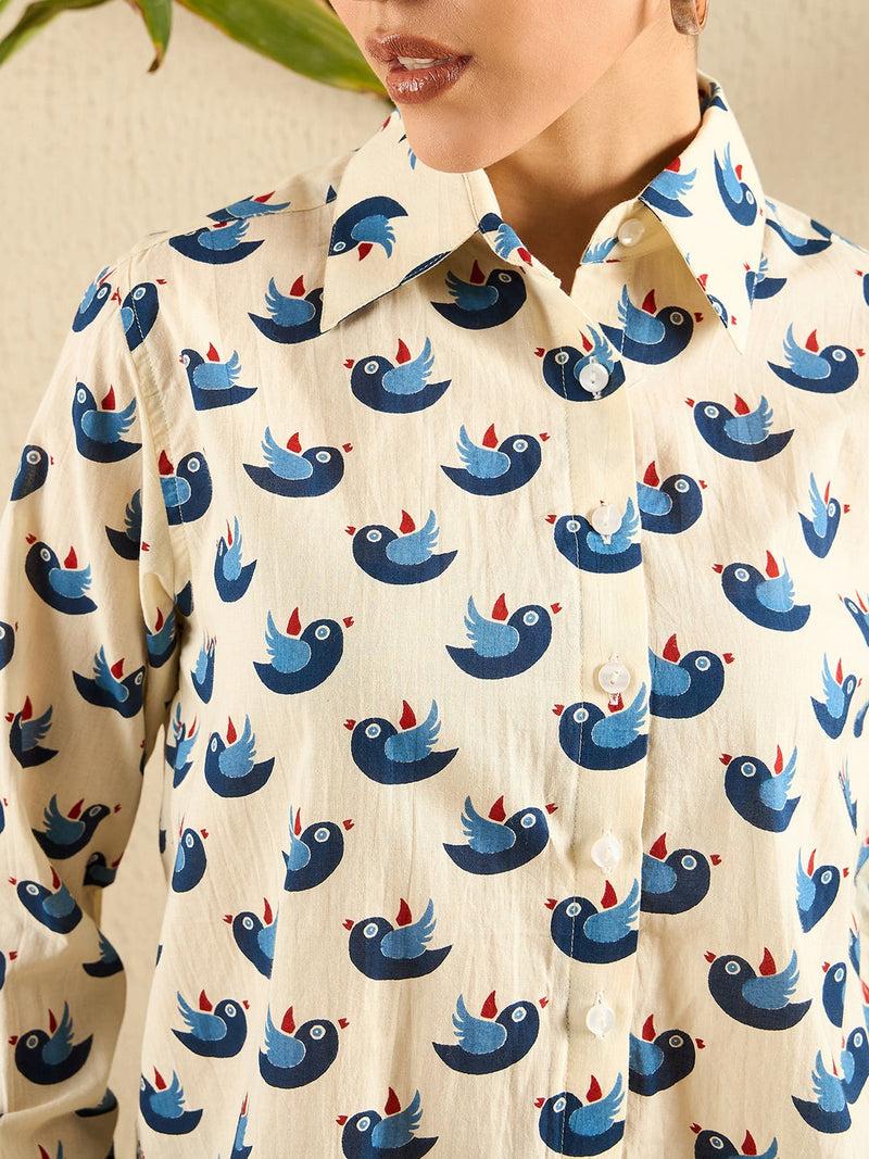 Beige & Blue Bird Print Button-Down Shirt