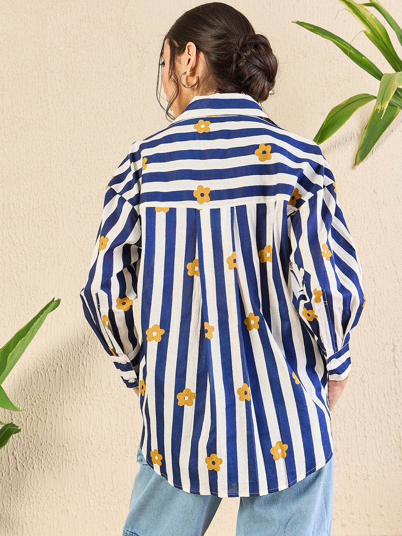 Navy Striped Floral Button-Down Shirt
