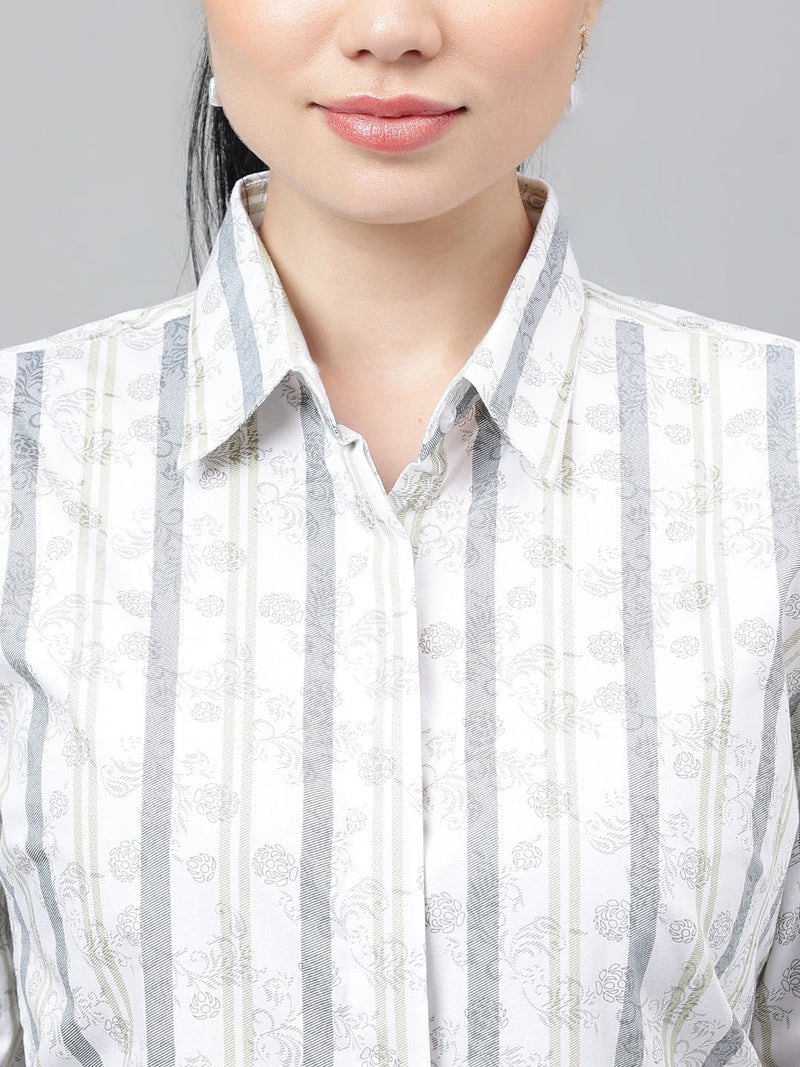 White & Grey Vertical Striped Long Sleeve Shirt