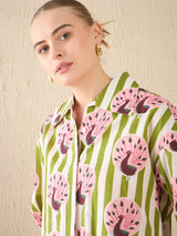 Green & Pink Peacock Print Cotton Shirt