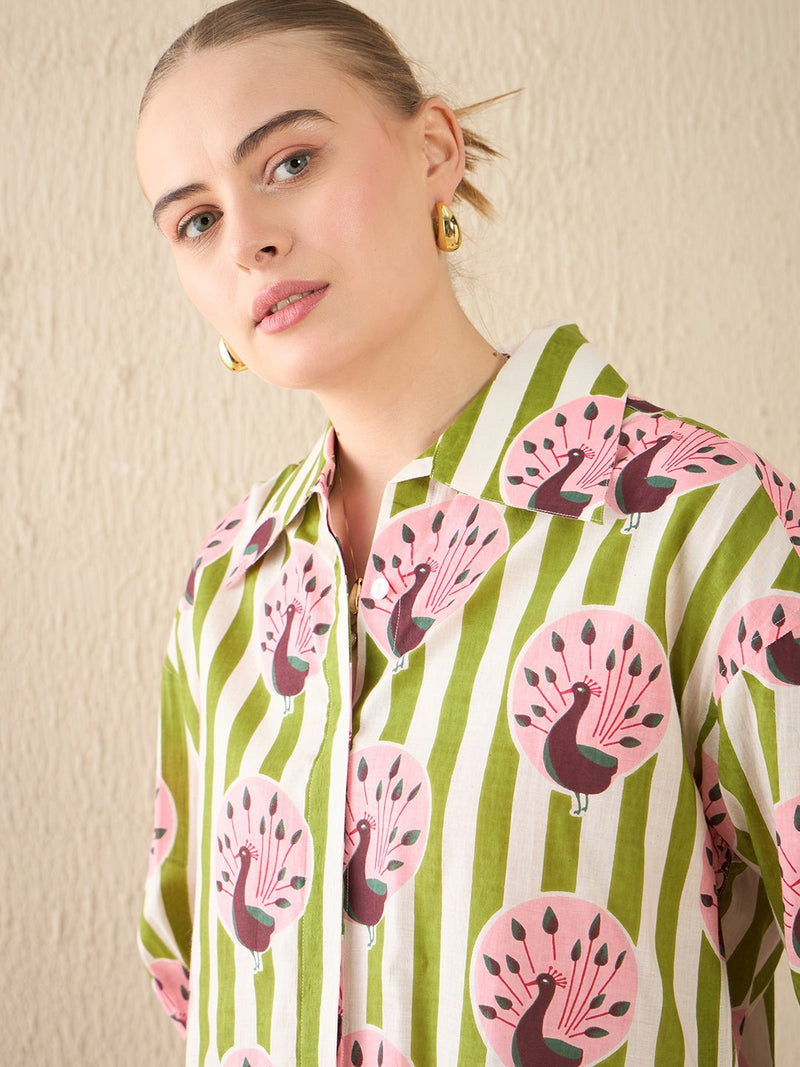 Green & Pink Peacock Print Cotton Shirt