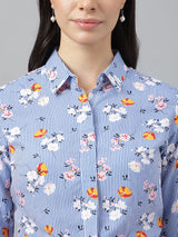 Blue Striped Floral Printed Long Sleeve Shirt