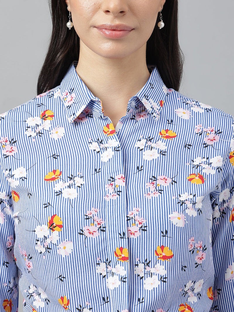 Blue Striped Floral Printed Long Sleeve Shirt