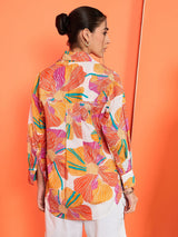 Bold Orange Floral Print Cotton Shirt