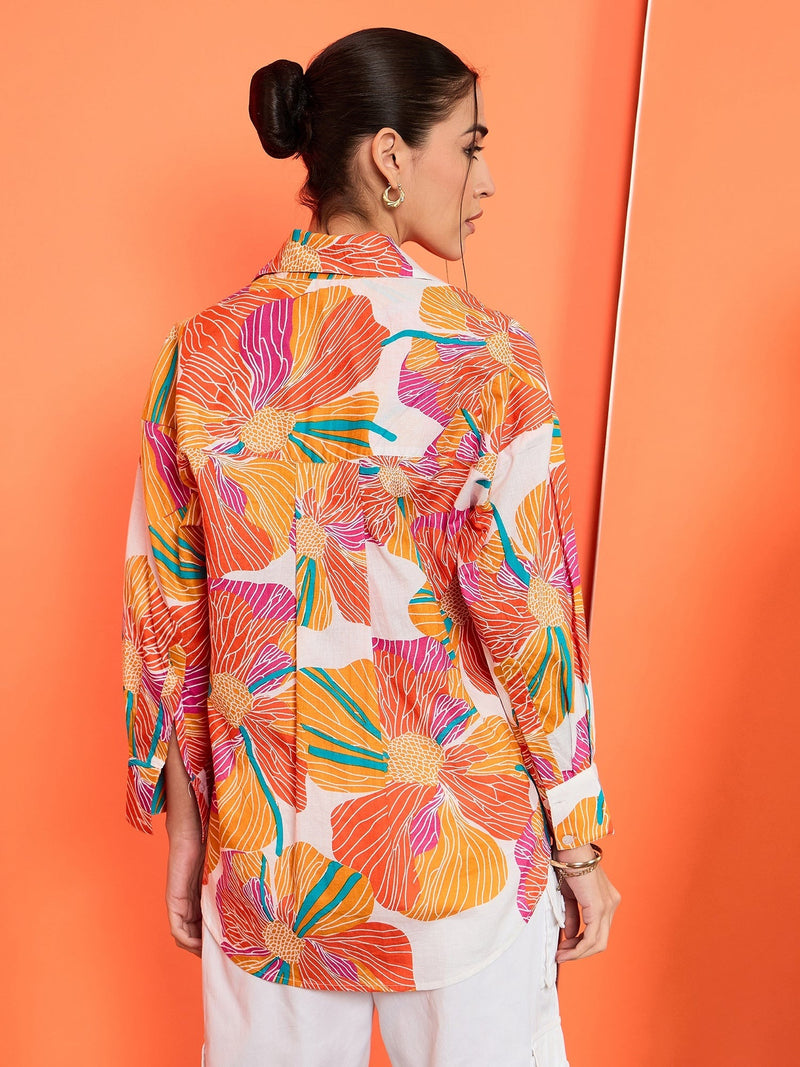 Bold Orange Floral Print Cotton Shirt