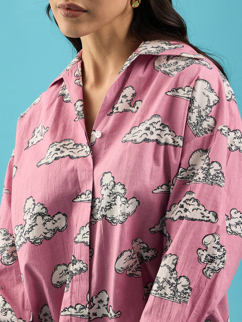 Pink Cloud-Print Button-Down Shirt