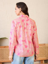 Bright Pink Floral Burst Print Button-Up Shirt