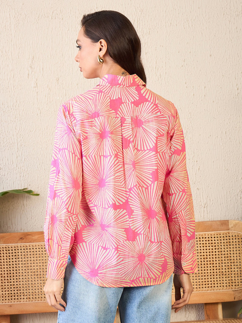 Bright Pink Floral Burst Print Button-Up Shirt