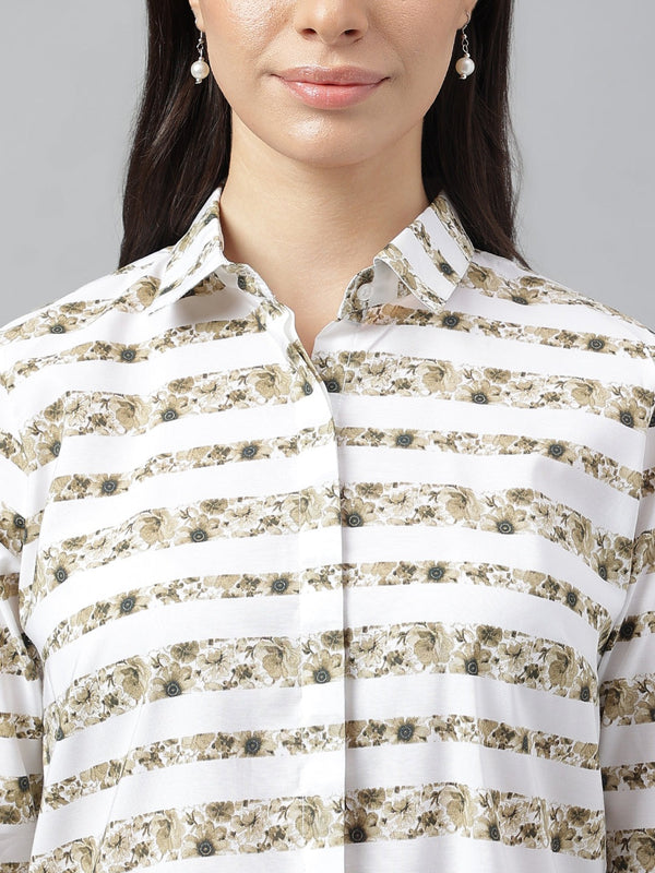 White & Beige Floral Striped Shirt