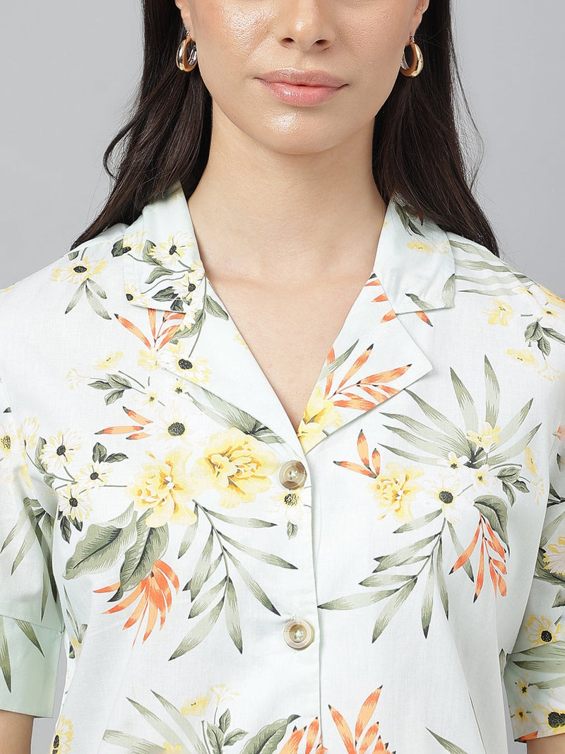 Fresh Mint Green Tropical Floral Print Half Sleeve Shirt