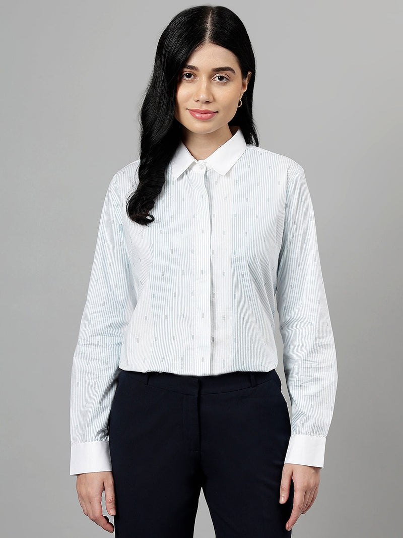 White & Light Blue Striped Long Sleeve Formal Shirt