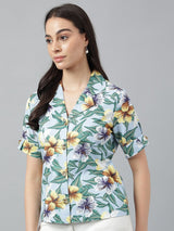 Sky Blue Floral Printed Short Sleeve Shirt