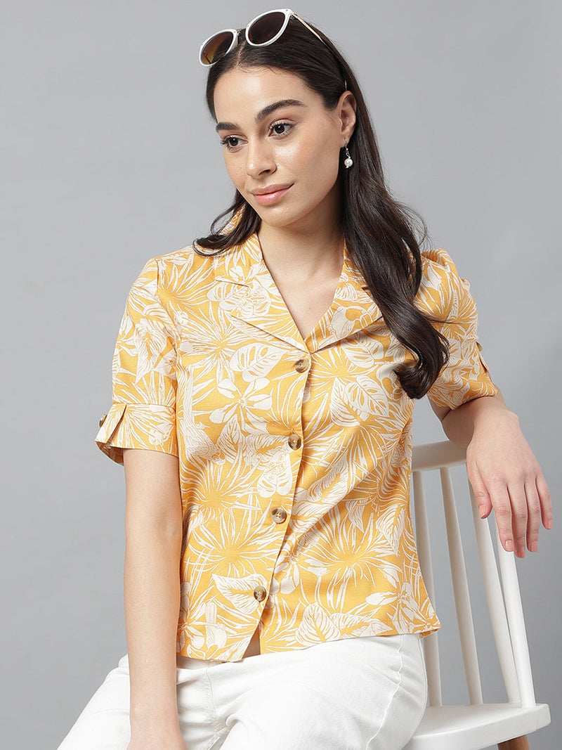 Sunny Yellow Tropical Print Half Sleeve Button-Up Shirt
