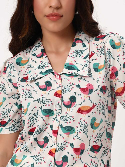White Shirt with Multicolor Bird Print & Short Puff Sleeves