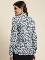 White & Navy Blue Floral Printed Cotton Shirt