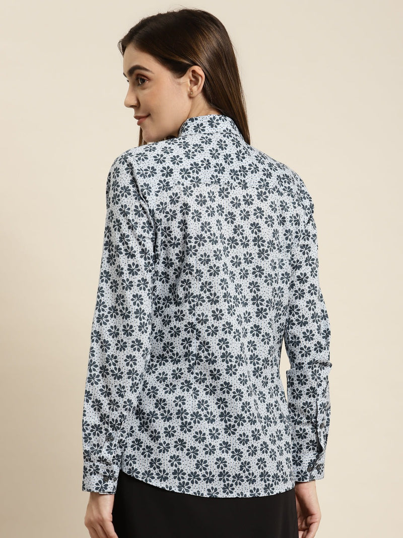 White & Navy Blue Floral Printed Cotton Shirt