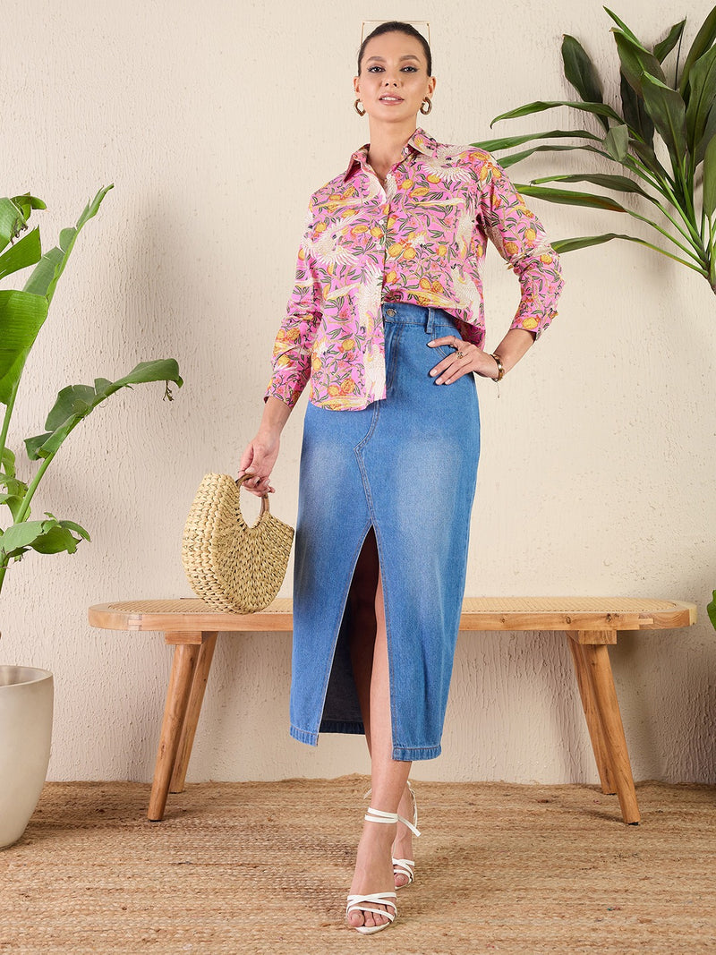 Pink Tropical Bloom Print Shirt