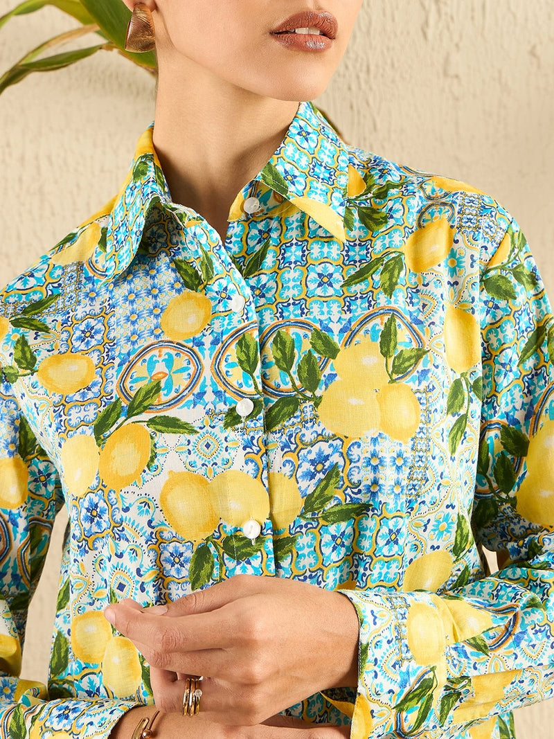 Mediterranean Lemon Print Cotton Shirt