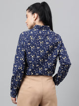 Navy Blue Floral Print Long Sleeve Shirt