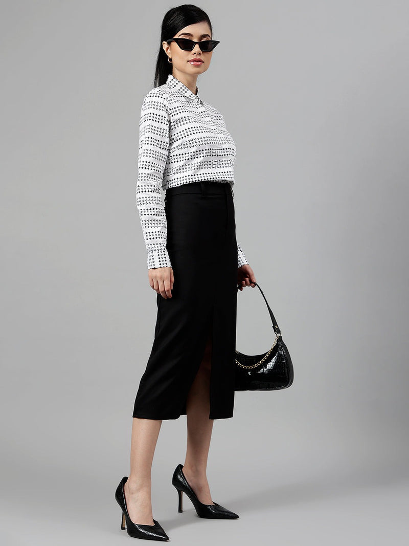 White & Black Geometric Striped Formal Shirt