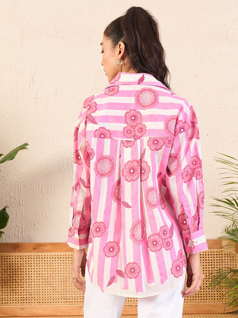 Pink Floral Striped Button-Down Shirt