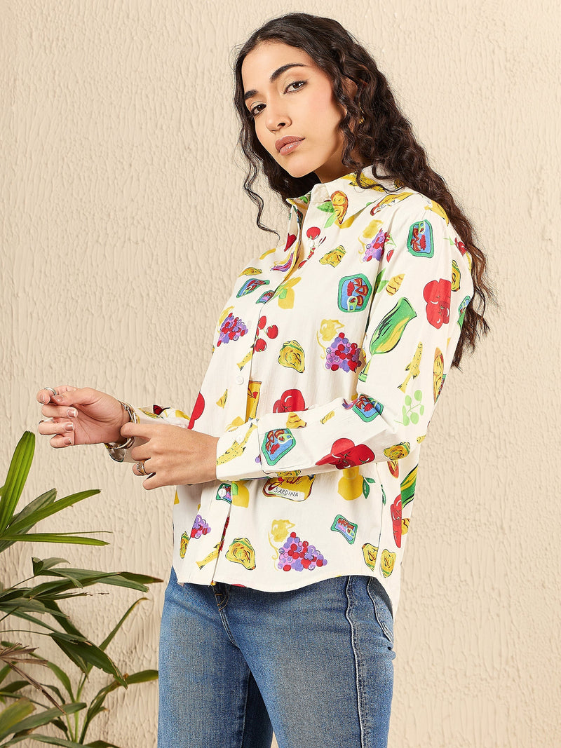 Colorful Fruit & Veggie Print Button-Up Shirt