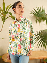 Playful Bird & Floral Print Cotton Shirt