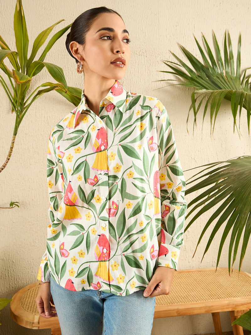 Playful Bird & Floral Print Cotton Shirt