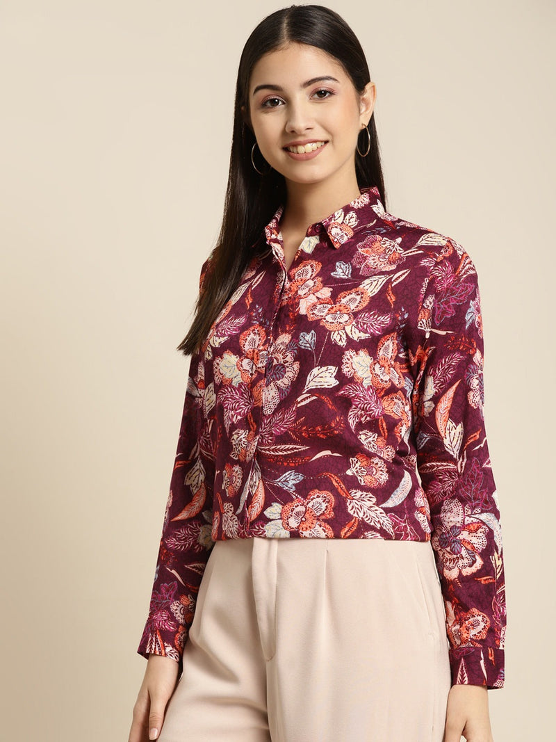 Maroon & Multicolor Floral Printed Long Sleeve Shirt