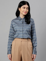 Blue & White Geometric Striped Formal Shirt