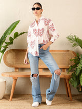 Red Heart Print White Cotton Shirt