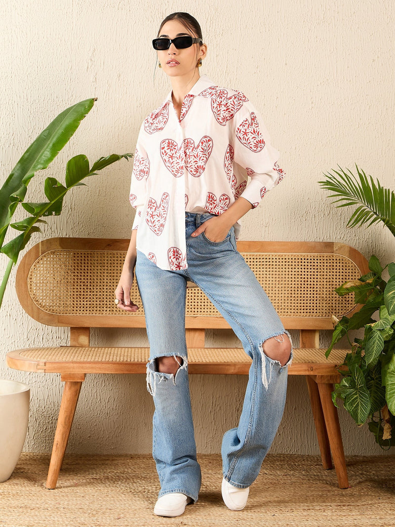 Red Heart Print White Cotton Shirt
