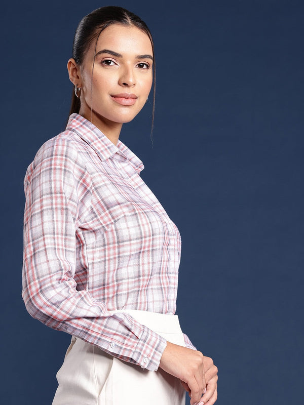 White & Pink Checked Casual Shirt