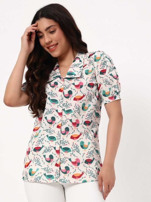 White Shirt with Multicolor Bird Print & Short Puff Sleeves
