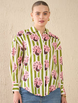 Green & Pink Peacock Print Cotton Shirt