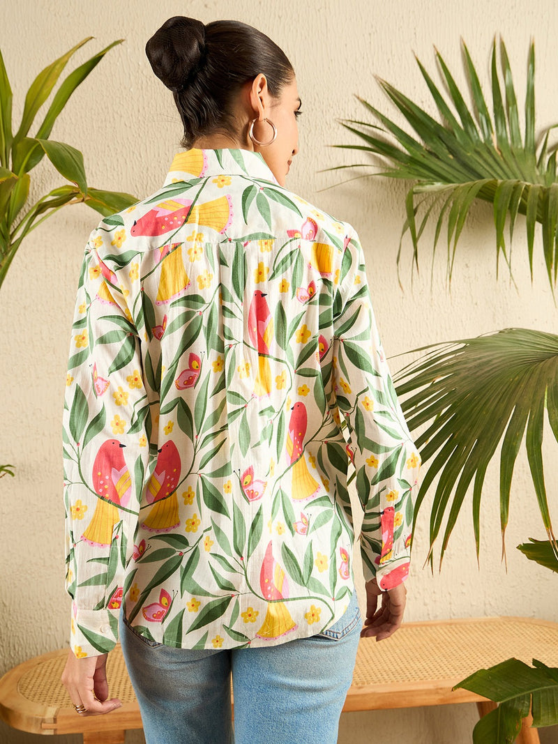 Playful Bird & Floral Print Cotton Shirt