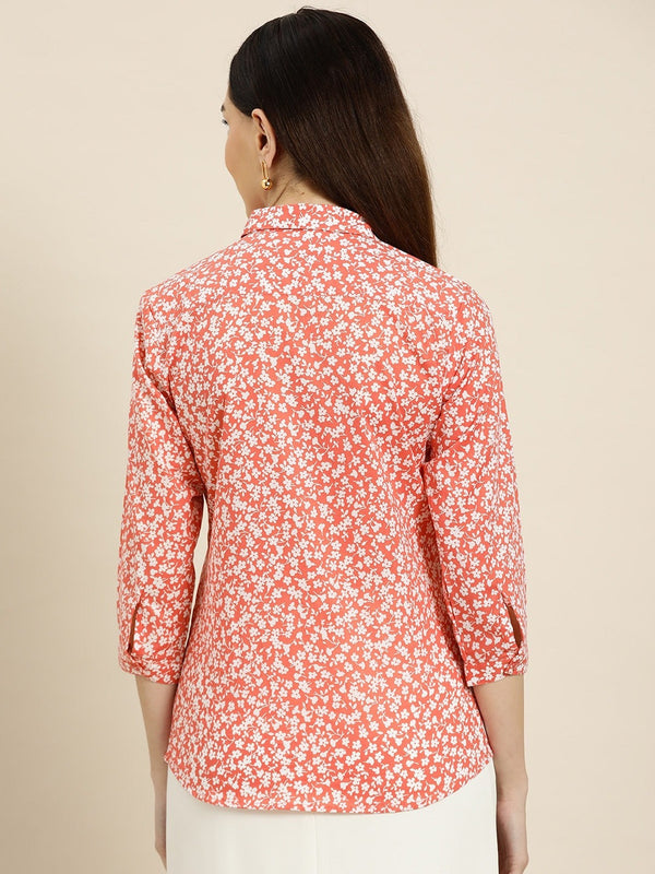 Coral Red & White Floral Printed Shirt